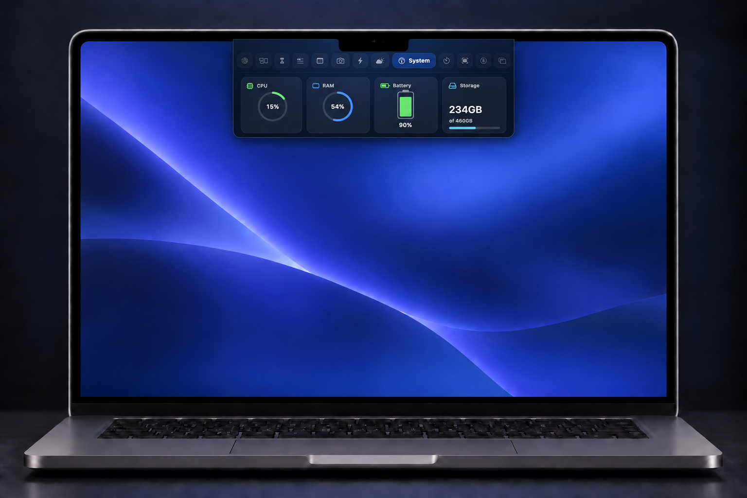 SuperNotch System monitor open on a MacBook